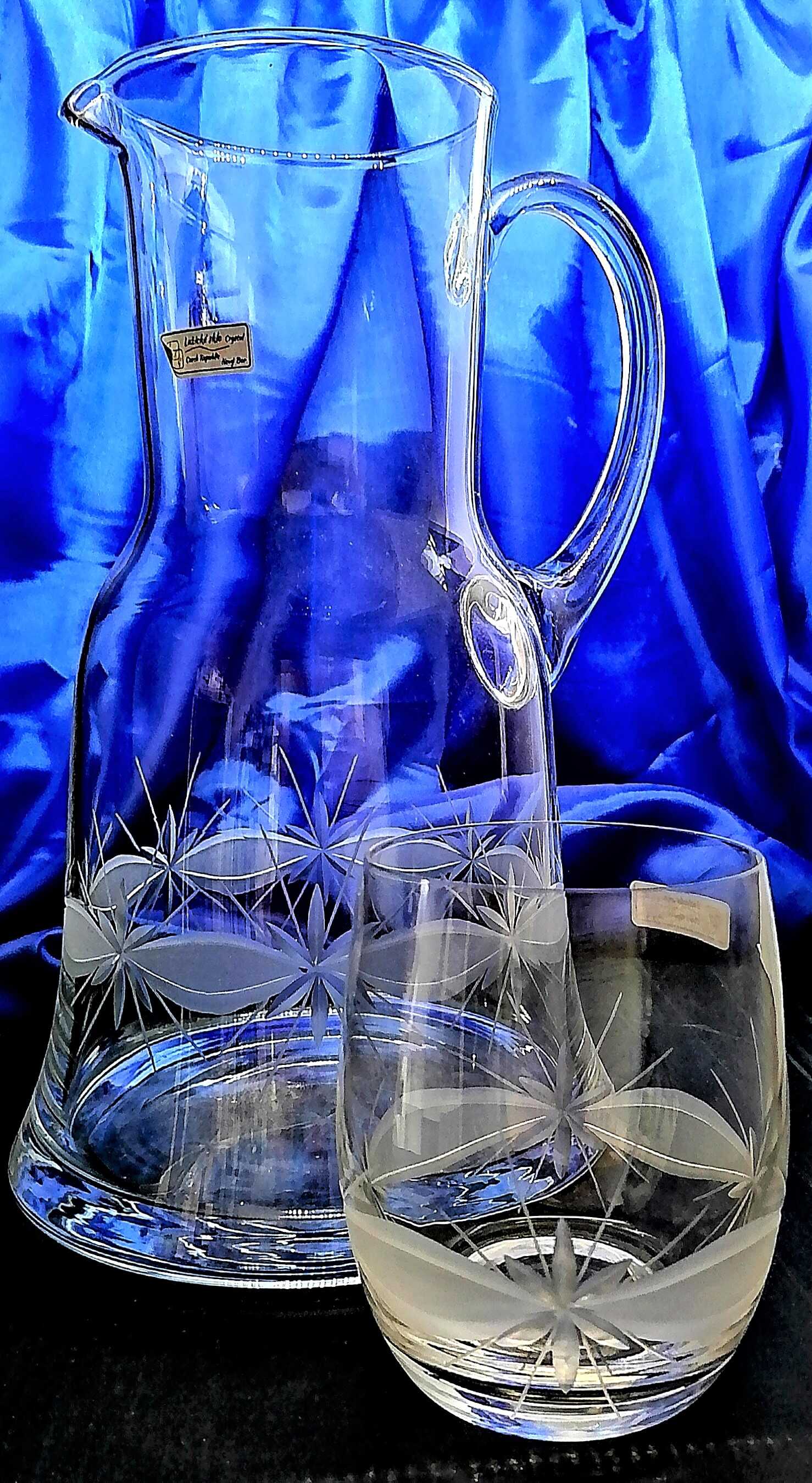 LsG-Crystal  sklo Džbán na pivo/ vodu souprava se skleničkami ručně broušené/ ryté  dekor Kanta VU-180 1500/ 370 ml 7 Ks.
