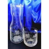 Weinkaraffe aus Glas mit Gläsern Handgeschliffen Muster Weinlaub WW-013 750ml ...