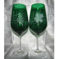 Rotwein Gläser grünes optisches Glas Hand geschliffen Muster Kante RW-405 2 Stück.