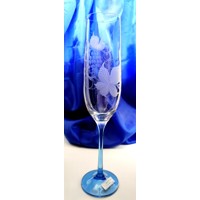 Sekt Glas/ Champagnergläser mit Blauem Stiel Hand geschliffen Weinlaub Ella-9490 190ml 6 Stück.